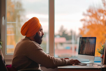 Online Punjabi classes on computer. Indian man working, laptop