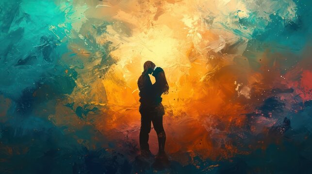Naklejki Valentine's day couple kissing on colorful background art.