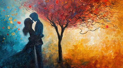 Passionate couple in love kissing on a background of autumn trees. Valentine's day