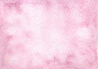 Watercolor abstract background frame in pastel pink and lilac shades, hand-drawn. Watercolor texture on paper, gradient. A banner for design, decoration, celebration, with a place for text.