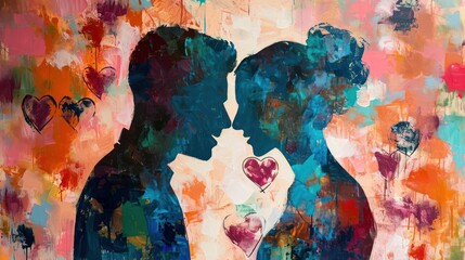 Silhouette of a couple in love. Colorful abstract painting.