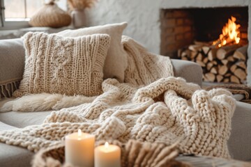 Obraz na płótnie Canvas Chunky crocheted blanket in beige on a grey sofa. Generative Ai.
