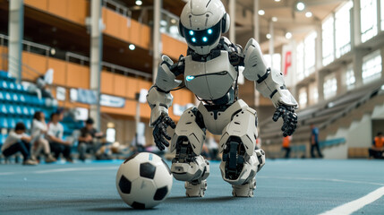 Robot playing soccer indoors during a practice training.