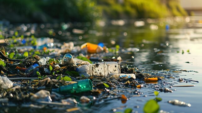 Plastic trash in the river, environment pollution and ecology concept, plastic hazards and waste