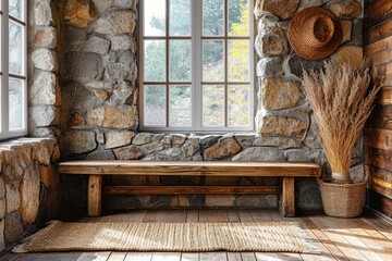 Rustic wooden seat next to a wall of natural stone cladding. Generative Ai.