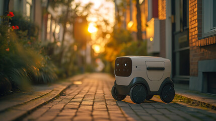 Small delivery robot on a residential street.