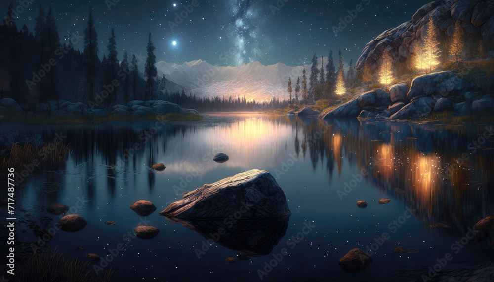 Poster The mountains and lakes under the starry sky again, AI generated