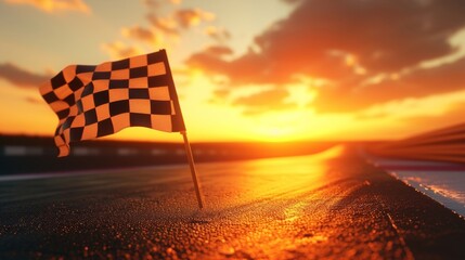 The golden sun casts its last rays on the checkered flag serving as the ultimate prize for the...
