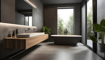 Fototapeta na wymiar 3d dark masculine bathroom with concrete walls and contemporary. Generative AI.
