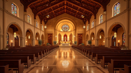 Empty interior of a church with natural light and lit front of the sanctuary.