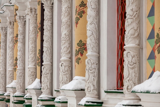 Picturesque carved columns of the Trinity-Sergius Lavra in Sergiev Posad, Russia