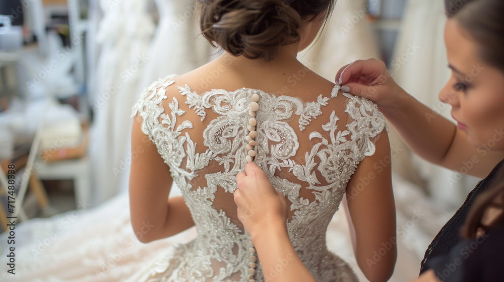 Wall mural bride trying on wedding dresses inside a salon. her mom buttoning the back of it.