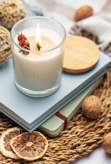 Aromatic candle on the table.