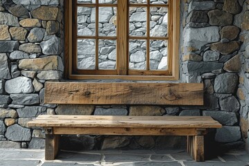 Fototapeta na wymiar Rustic wooden seat next to a wall of natural stone cladding. Generative Ai.