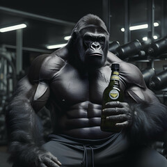 Fototapeta na wymiar Gorilla in the gym, with a bottle of water illustration concept 