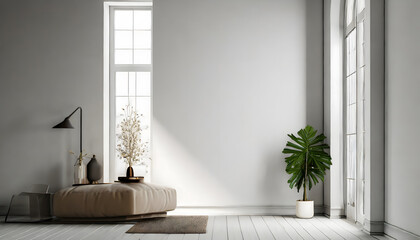 3d illustration of empty wall white interior. Generative AI.