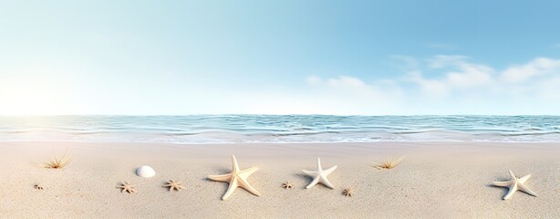 Fototapeta na wymiar A white sand beach with star-shaped coral and a bright blue sky