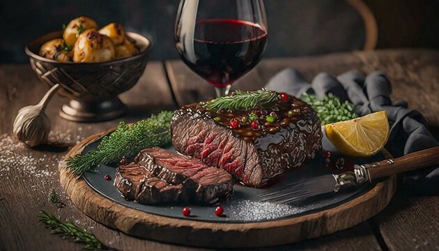 illustration of close up picture of Red Wine Beef BBQ steak top view 