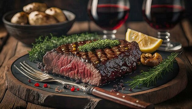 illustration of close up picture of Red Wine Beef BBQ steak top view 
