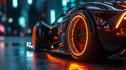 The camera zooms in on the wheels showcasing the intricate details of the custom rims and the glow of the LED lights built into them. - obrazy, fototapety, plakaty