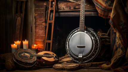 Banjo, Traditional A porch with a banjo-mandolin and dramatic shadows cast by the sun.


 - obrazy, fototapety, plakaty