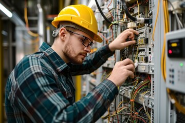 Electrician engineer in hard hat tests electrical installations