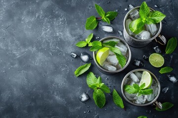 Top view of two silver mugs containing moscow mule or mint julep cocktail with ice mint and lime on a dark concrete surface - obrazy, fototapety, plakaty