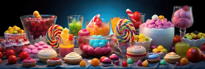 Gartenposter Assortment of colourful sweets, gummies and candies on dark blue background. Variety of multicolor sweet food banner. Generative AI. © cabado
