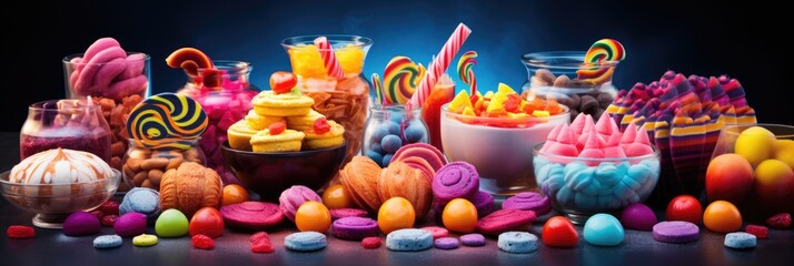 Assortment of colourful sweets, gummies and candies on dark blue background. Variety of multicolor...