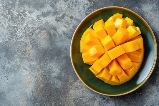 Nourishing morning meal Mango on plate Overhead view Background with space