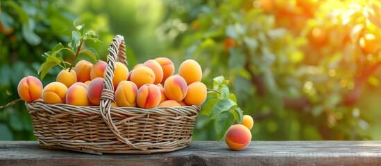 Summer orchard with ripe apricots in a small wicker basket on a wooden terrace railing.