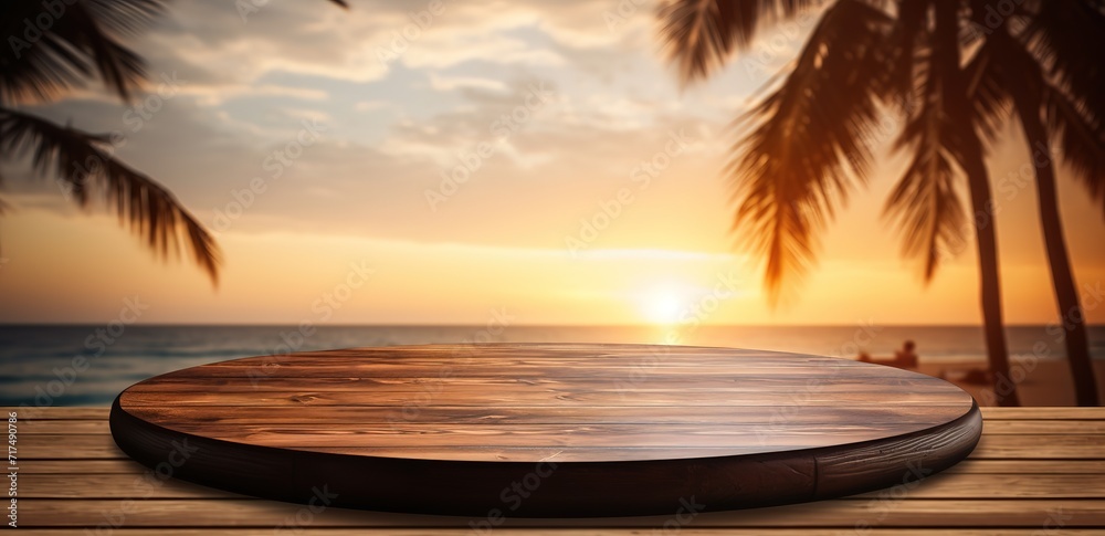 Sticker A wooden table with a view of the beach. Generative AI