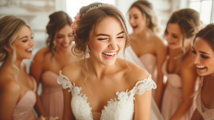 Obraz premium Excited bride with her girls on the wedding day. Getting ready.