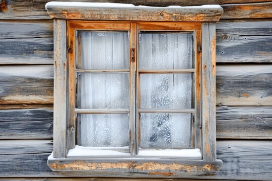 Details of rural buildings in winter including the wooden window of the house and the weather forecast