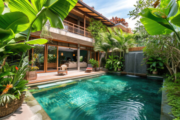 Luxurious tropical pool villa with refined architecture in a lush greenery garden - obrazy, fototapety, plakaty