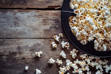 Obraz na płótnie Canvas Vintage film reel with popcorn on wooden surface in a cinema