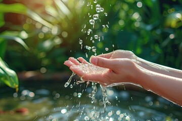 Ultra realistic photo of closeup water flow to hand of women for nature concept on the garden background. eco friendly interior concept, atmospheric, cinematic, high definition, depth of field, 8K