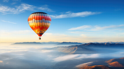 Scenic view of a colorful hot air balloon soaring above foggy mountain peaks during a serene sunrise.