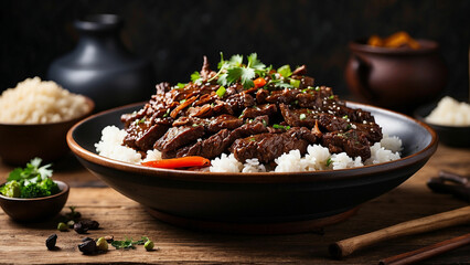 flavors of Mongolian Beef to life in a side view photograph, artfully arranged on a wooden table glazed beef, and highlight the contrast between the rich hues of the dish