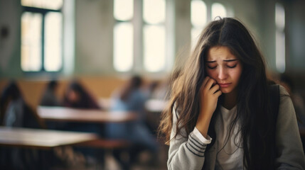 A distraught young woman feeling stressed and overwhelmed in a classroom setting with other students blurred in the background.