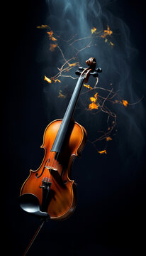 black background with a lone violin and bow Text space and a backlit violin Elegantly dressed violinist picking up a violin



