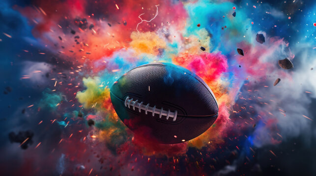 A vibrant, high-energy image of an American football with a colorful explosive backdrop, symbolizing action and power.