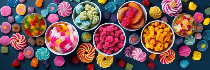 Top view of colourful sweets, gummies and candies assortment on dark blue background. Variety of multicolor sweet food banner. Generative AI.