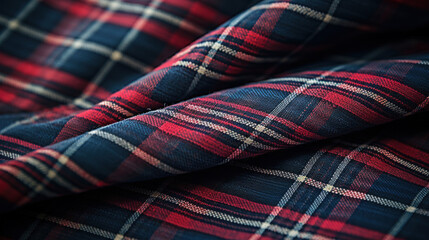 Macro shot of dark plaid fabric showing detailed texture and pattern, perfect for fashion design.