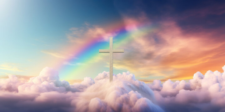 A powerful image of a cross silhouette with a radiant rainbow backdrop, symbolizing hope and faith among the clouds.