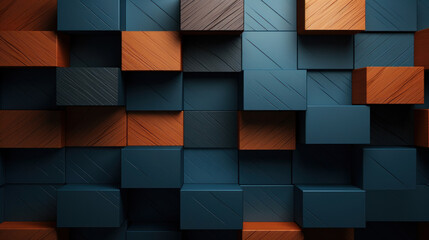 Modern abstract wall featuring a geometric pattern of wooden blocks with contrasting colors.