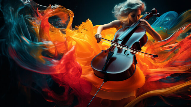 musician playing violin,,Splash painting with watercolor
A celestial ballet including swirling liquids of sapphire blue and molten copper
Background of multicolored liquid splash