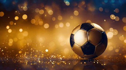 A shiny soccer ball against a golden, sparkling bokeh backdrop, highlighting the glamour of the sport.