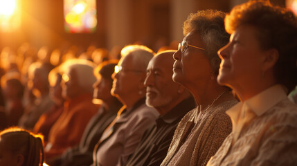 Middle aged and older church community members during a Sunday sermon and worship service. - obrazy, fototapety, plakaty