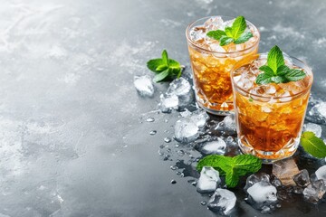 Refreshing mint julep cocktail chilled summer drink with space on grey stone - obrazy, fototapety, plakaty